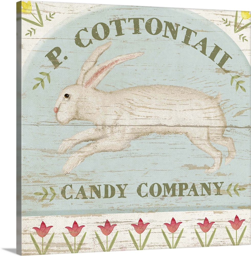 Vintage style artwork of a white rabbit on a wooden sign for a candy shop.