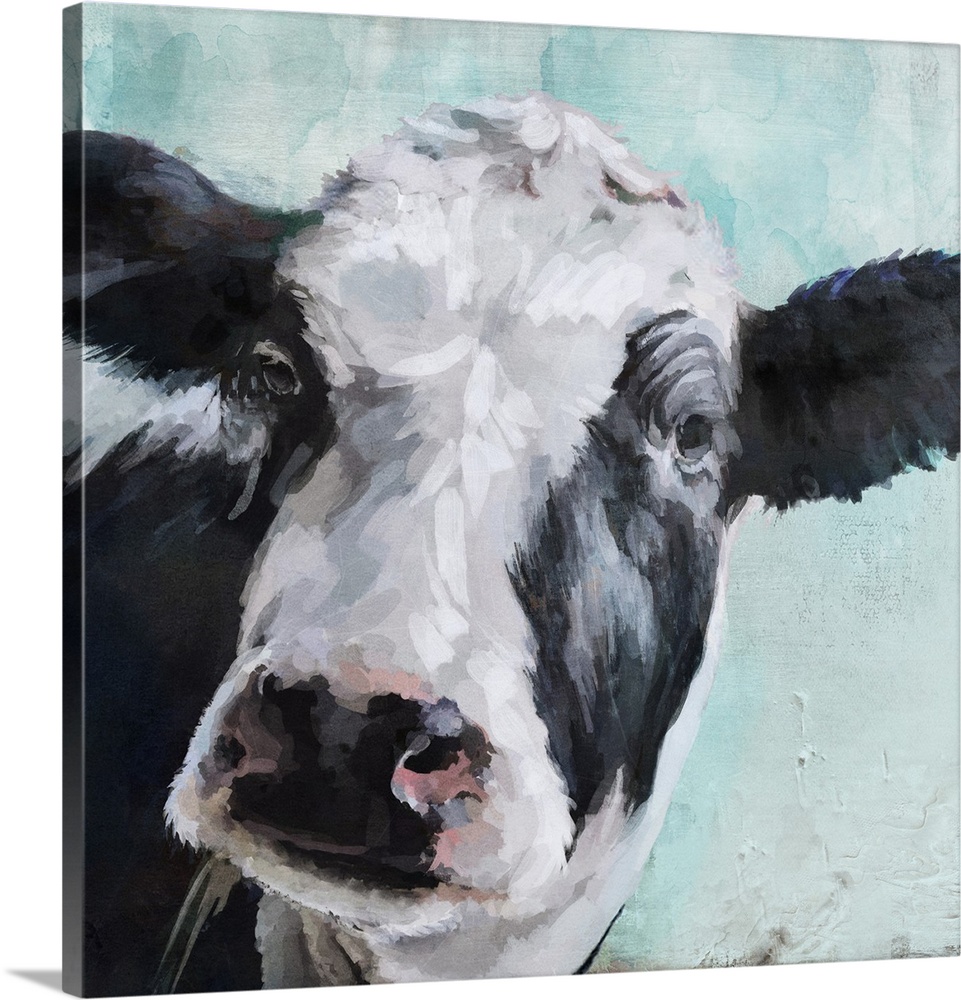 A contemporary painting of a black and white cow on a pale blue background.