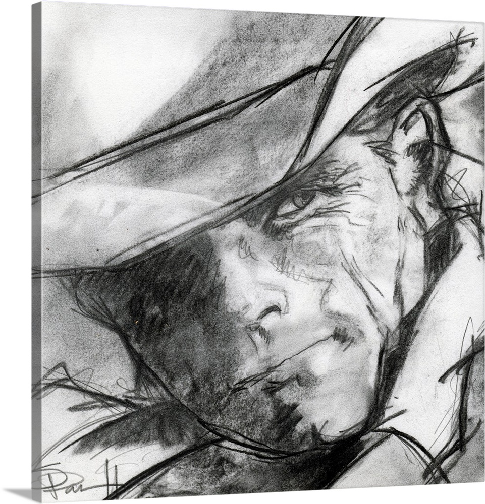 Black and white sketch of a cowboy's face.
