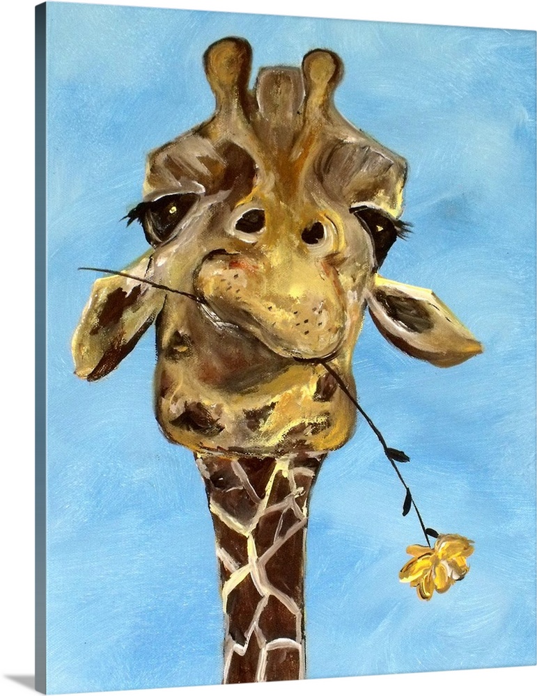 Portrait of a giraffe chewing on a flower stem.