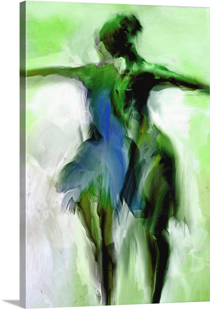 Painting of the figure of two ballerinas in shades of green.