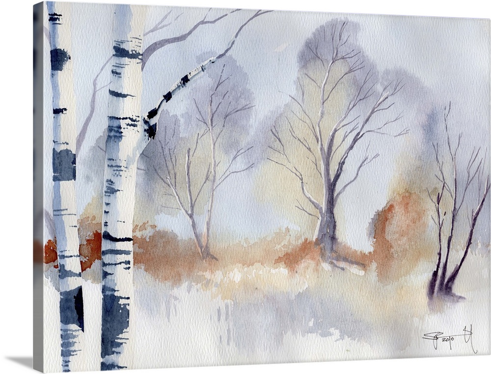 Watercolor painting of a snowy landscape with birch trees.