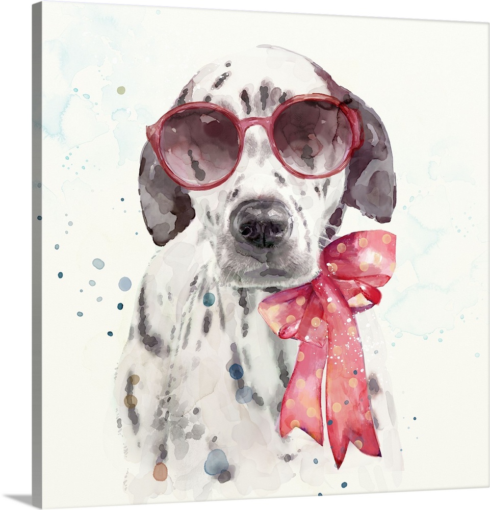 Adorable image of a dalmatian wearing red sunglasses and a large red bow with light paint spatters throughout.