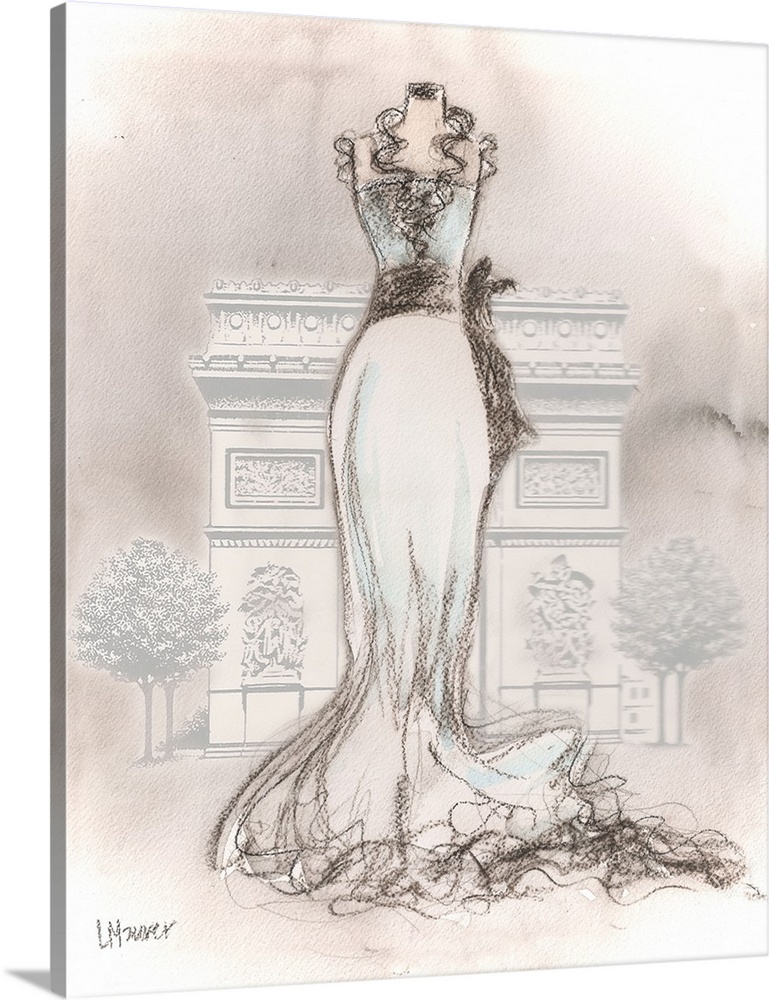 Watercolor painting of a white dress on a dress form, in front of the Arc de Triomphe.