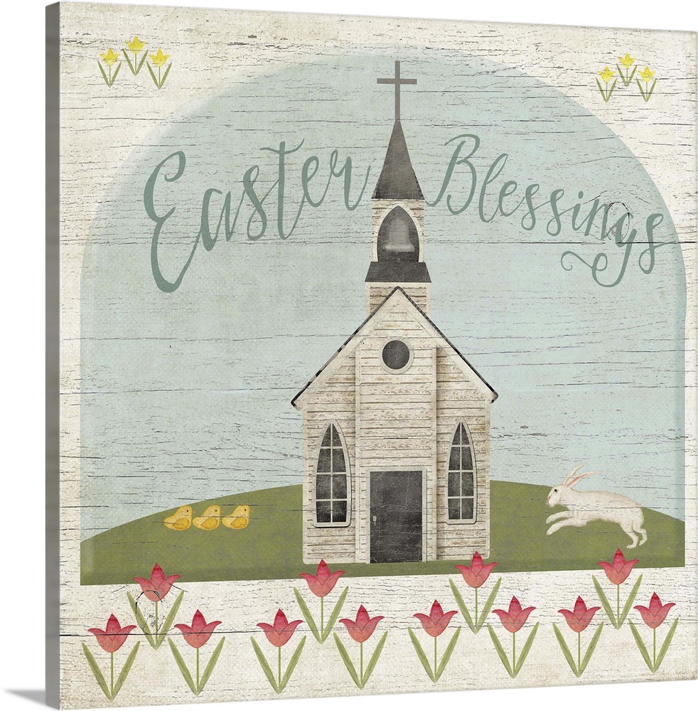 Vintage style illustration of a church in the springtime on a faux wooden board background.