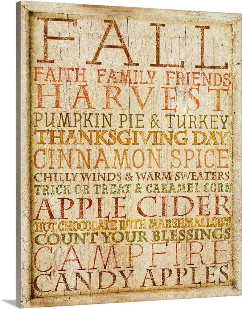Weathered typography artwork with autumn-themed phrases.