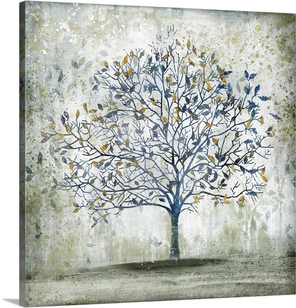 A decorative image of a blue tree with accents of gold leaves with a distressed overlay.