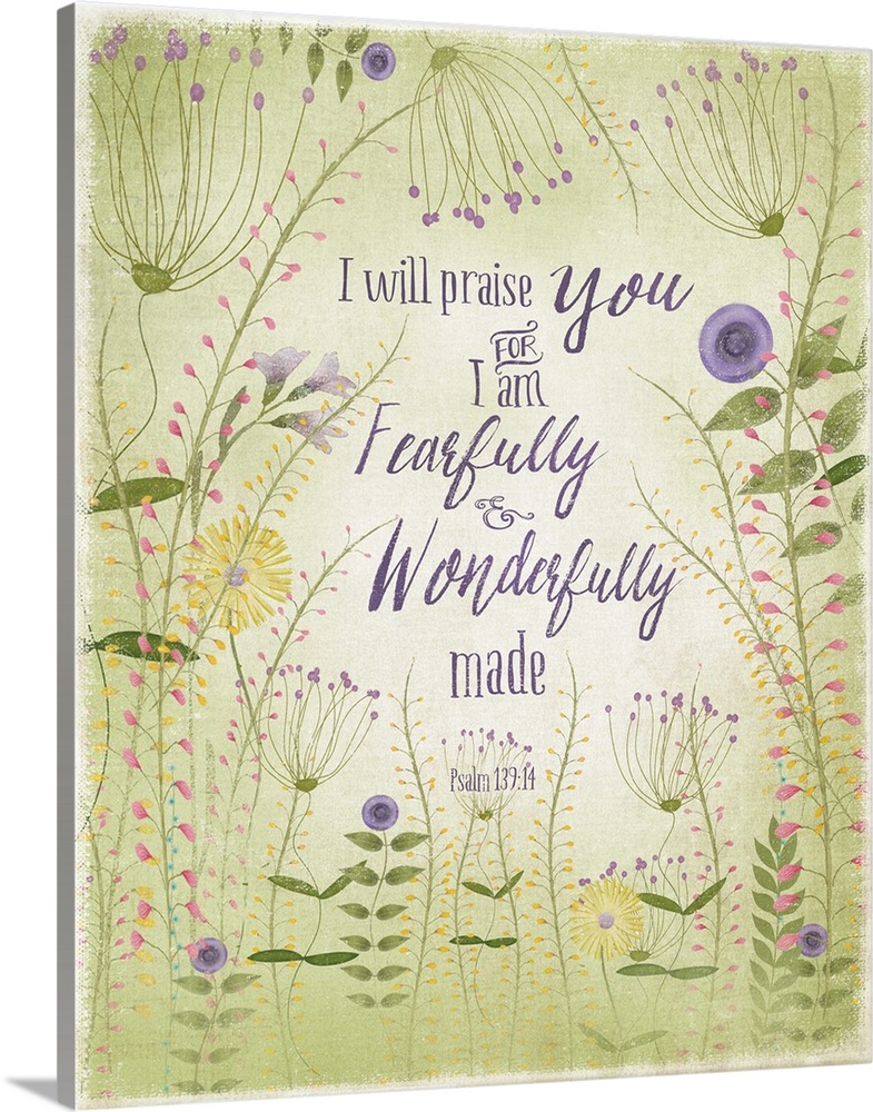 Bible verse illustrated with green and lavender flowers.
