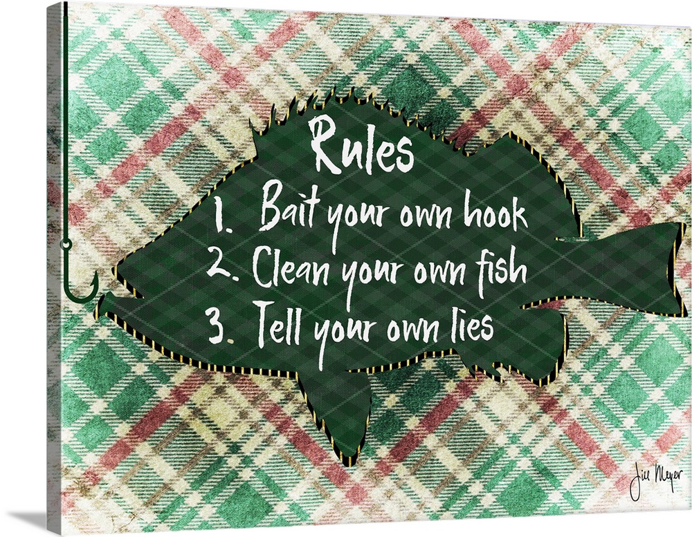 Humorous "rules" for fishing on a fish shape with a plaid background.