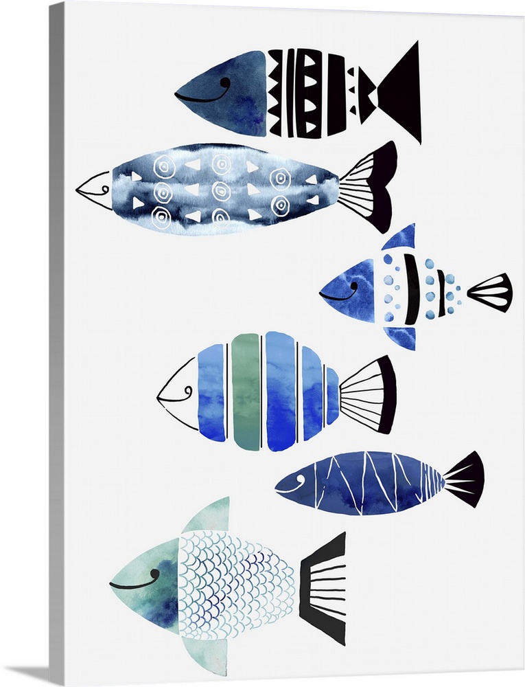 A modern watercolor design of a group of fish in different patterned colors of blue and green.