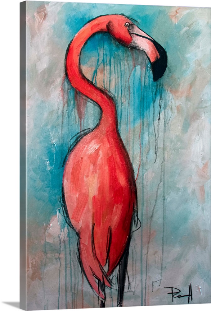 Painting of a pink flamingo standing tall.
