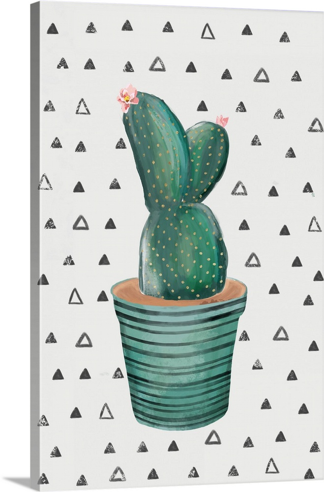 Creative artwork of a blooming cactus in a teal flowerpot on a white background with small triangle shapes.