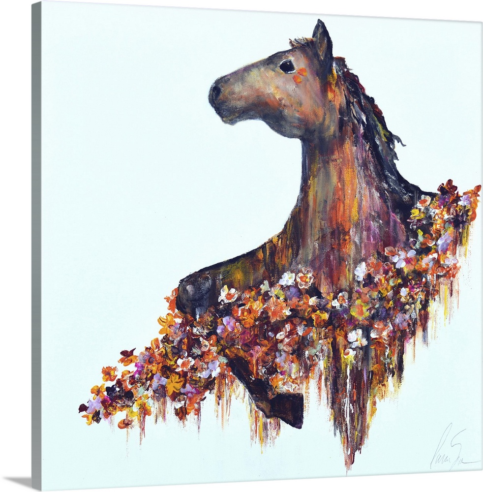 A prancing horse surrounded by blooming flowers.