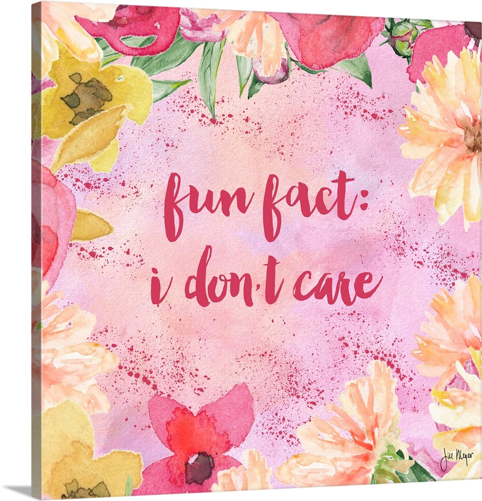 Cheeky hand-lettered text reading "Fun fact: I don't care" framed by watercolor flowers.
