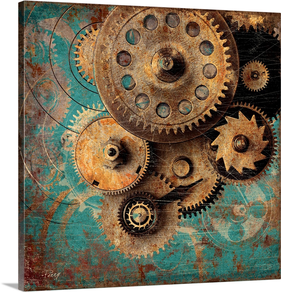 A decorative image of rusted gears of a clock on a teal backdrop with a distressed appearance.