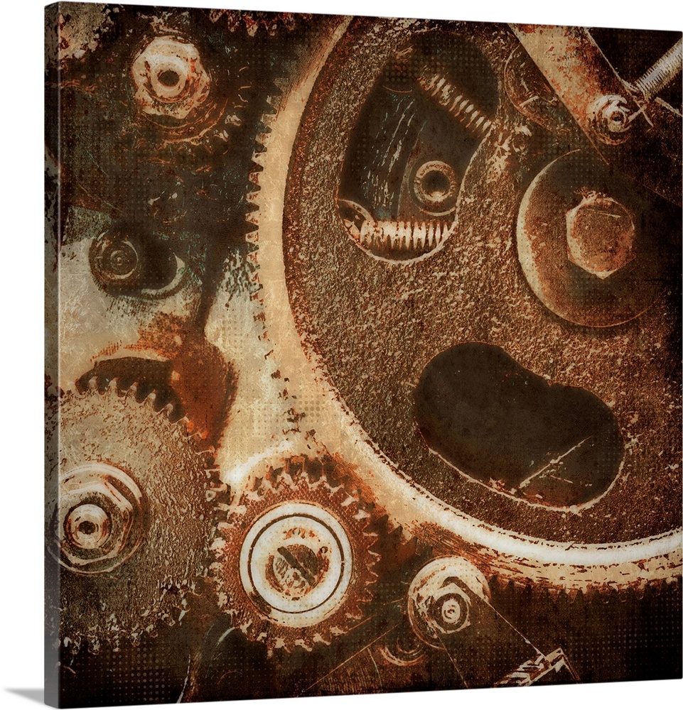 A decorative image of a close up look of rusted gears of a clock with a distressed overlay.