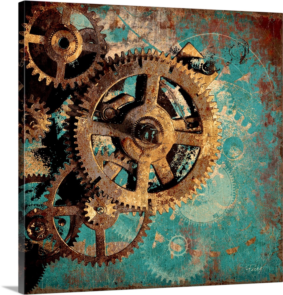 A decorative image of rusted gears of a clock on a teal backdrop with a distressed appearance.
