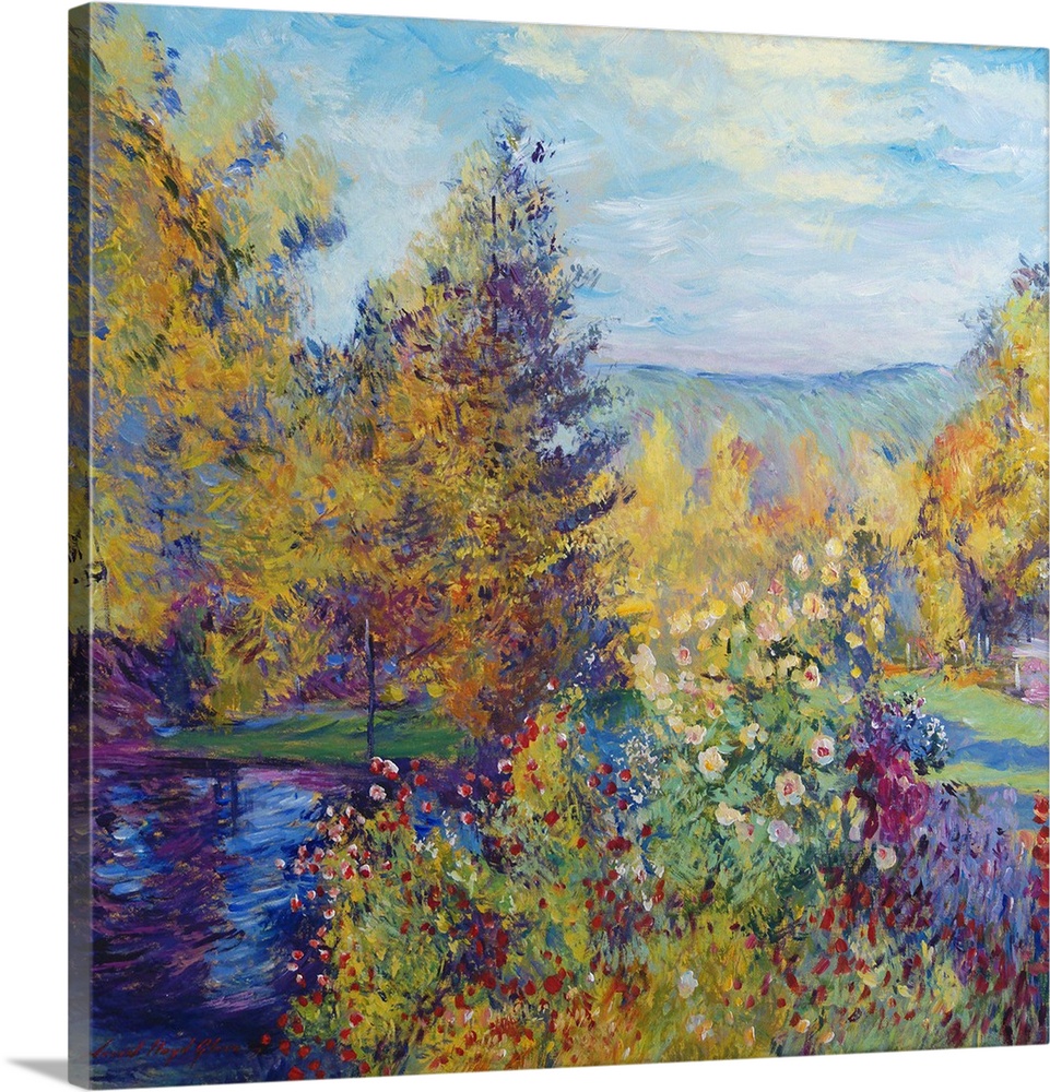 Painting of a garden with blooming trees and a pond in an impressionist style.