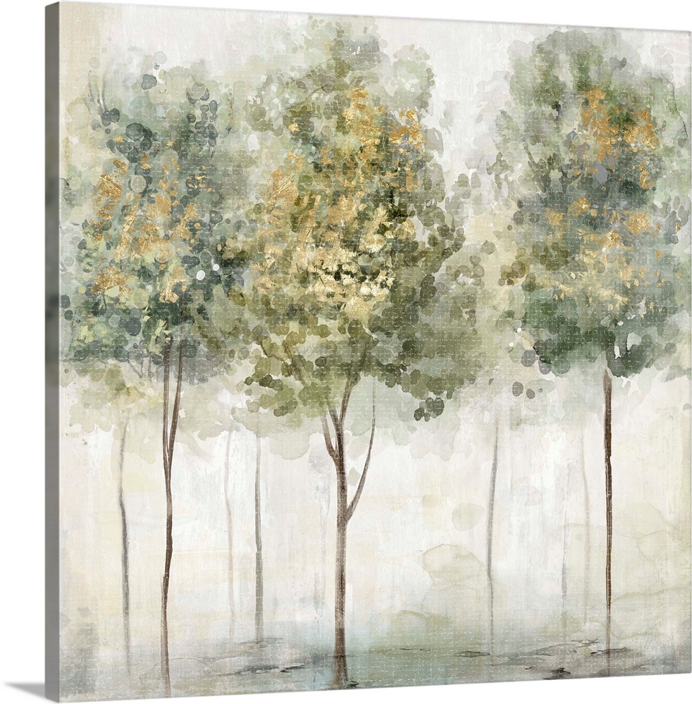 Decorative painting of a group of trees in faded muted colors with a small white speckled overlay.