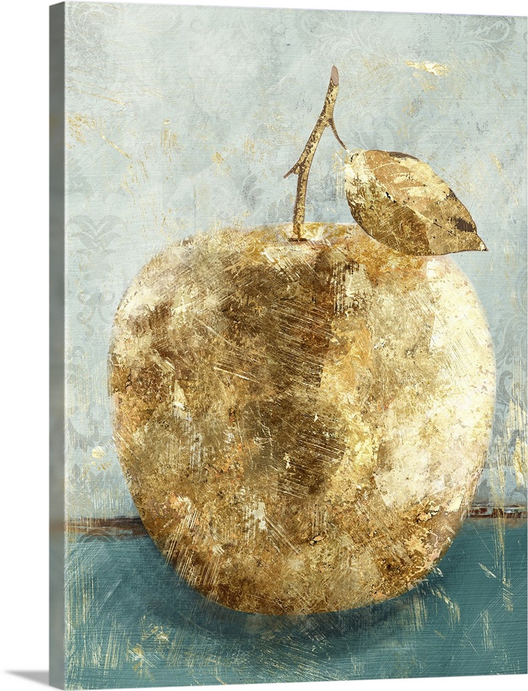 A still life painting of a golden apple on a teal and gray floral background with a distressed appearance of gold scratches.