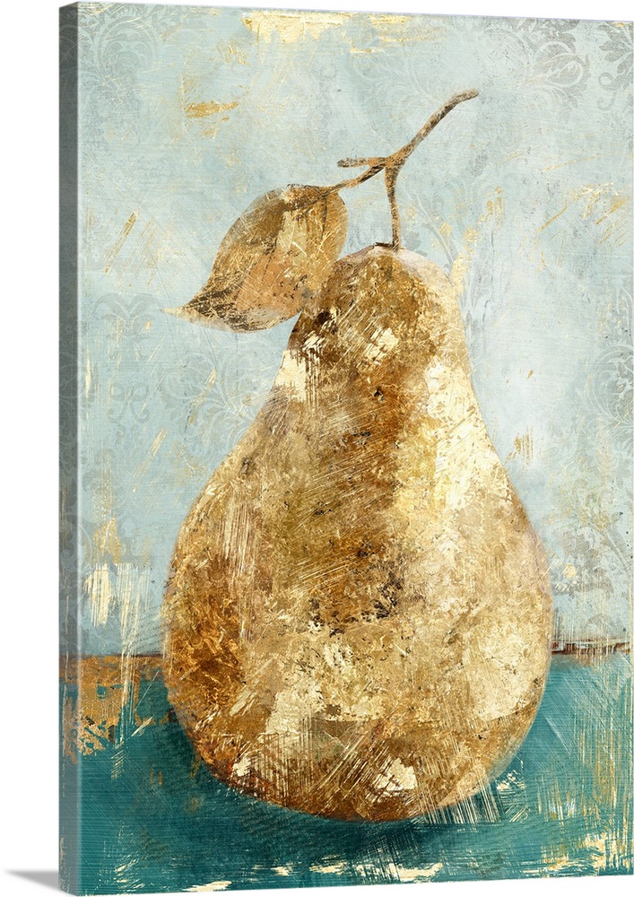 A still life painting of a golden pear on a teal and gray floral background with a distressed appearance of gold scratches.