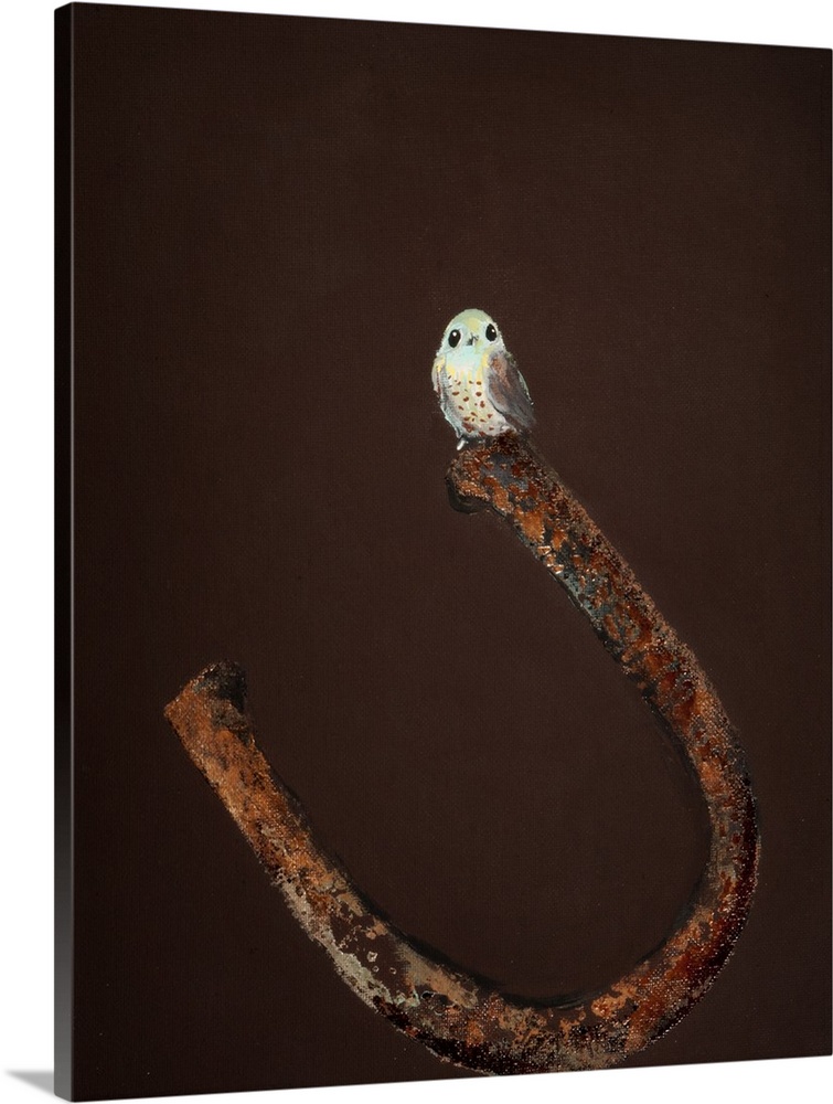 Painting of a small bird perched on the end of a horseshoe.