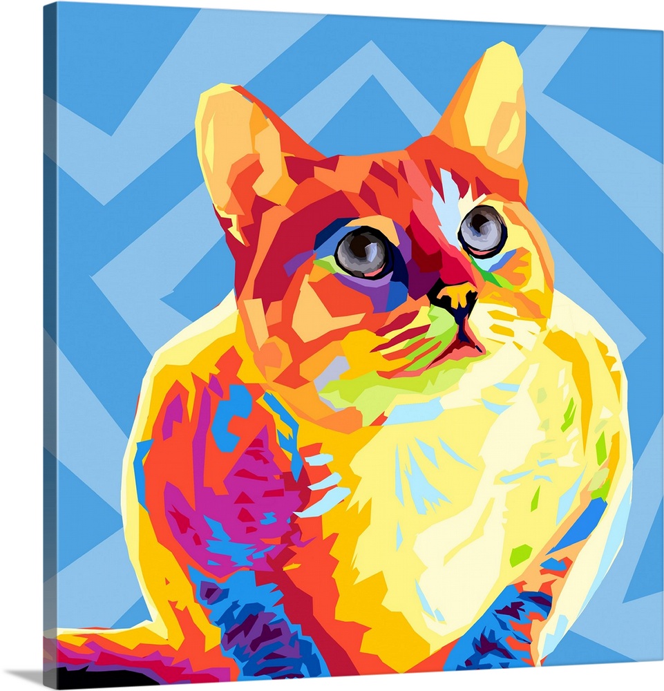 A modern graphic design of a multi-colored cat on a geometric blue background.