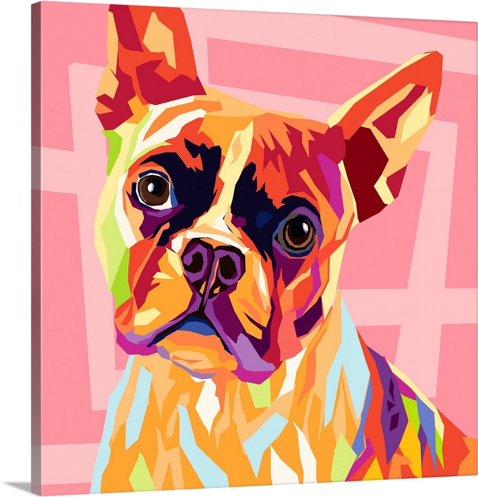 A modern graphic design of a multi-colored dog on a geometric pink background.