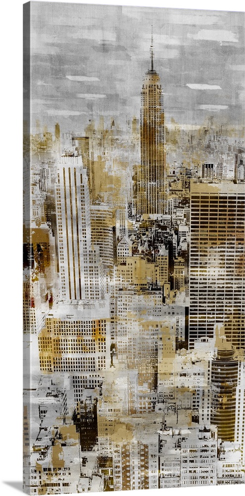 A long vertical image of the Empire State Building in New York in faded gray tones with spatters of gold throughout.