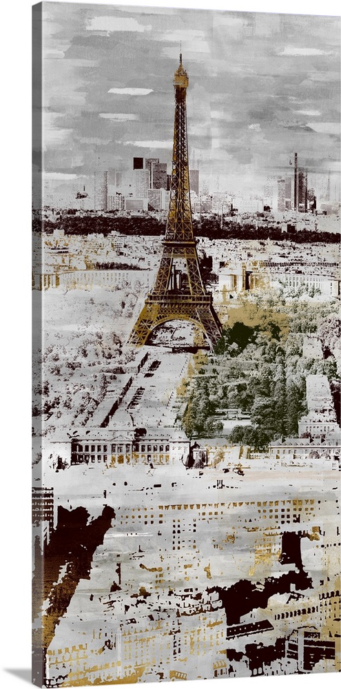 A long vertical image of the Eiffel Tower in Paris in faded gray tones with spatters of gold throughout.