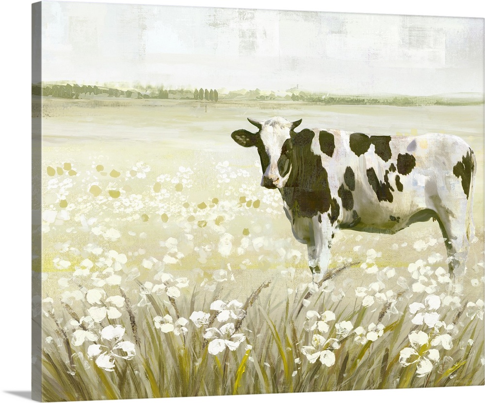 Decorative artwork of a black and white cow in a field full of flowers.