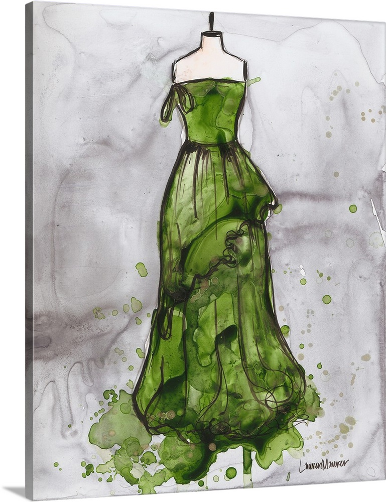 Watercolor painting of a green dress on a dress form.