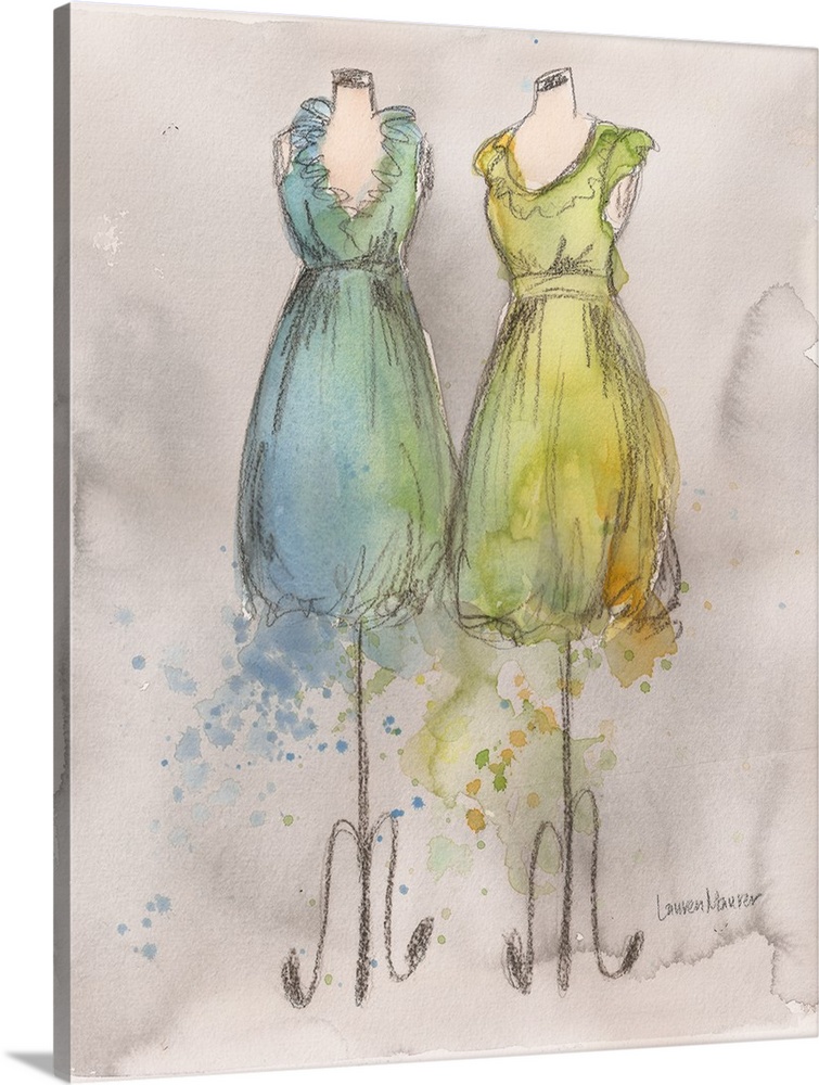 Watercolor painting of blue and yellow dresses on dress forms.