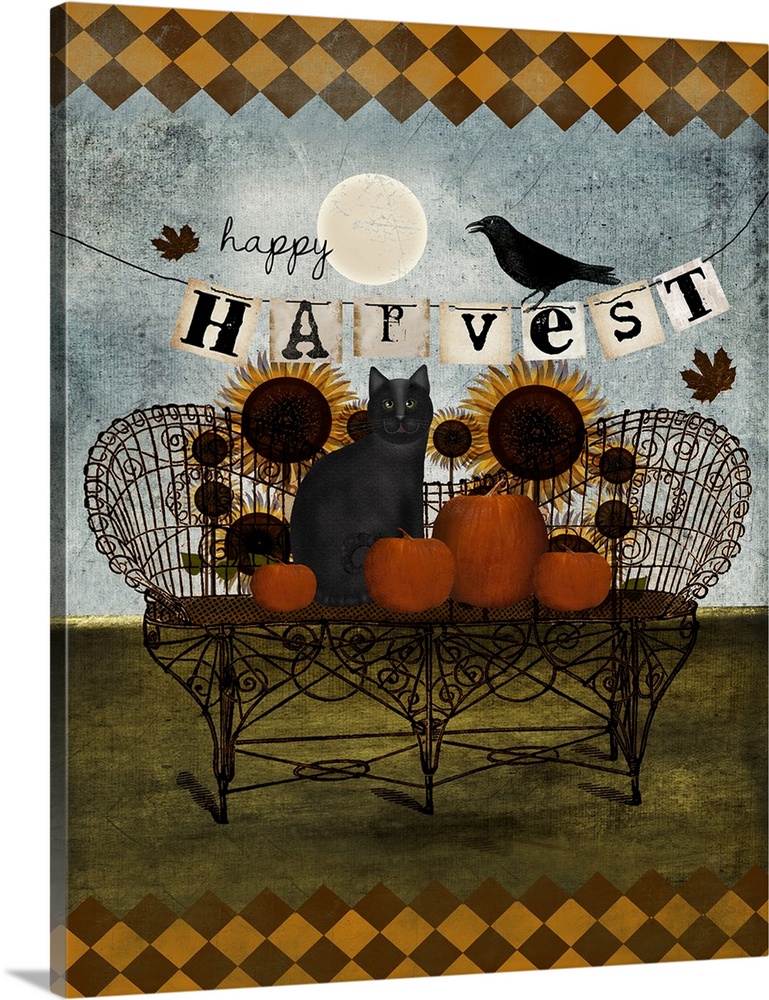 Illustration of a cat on an iron bench with pumpkins and sunflowers.