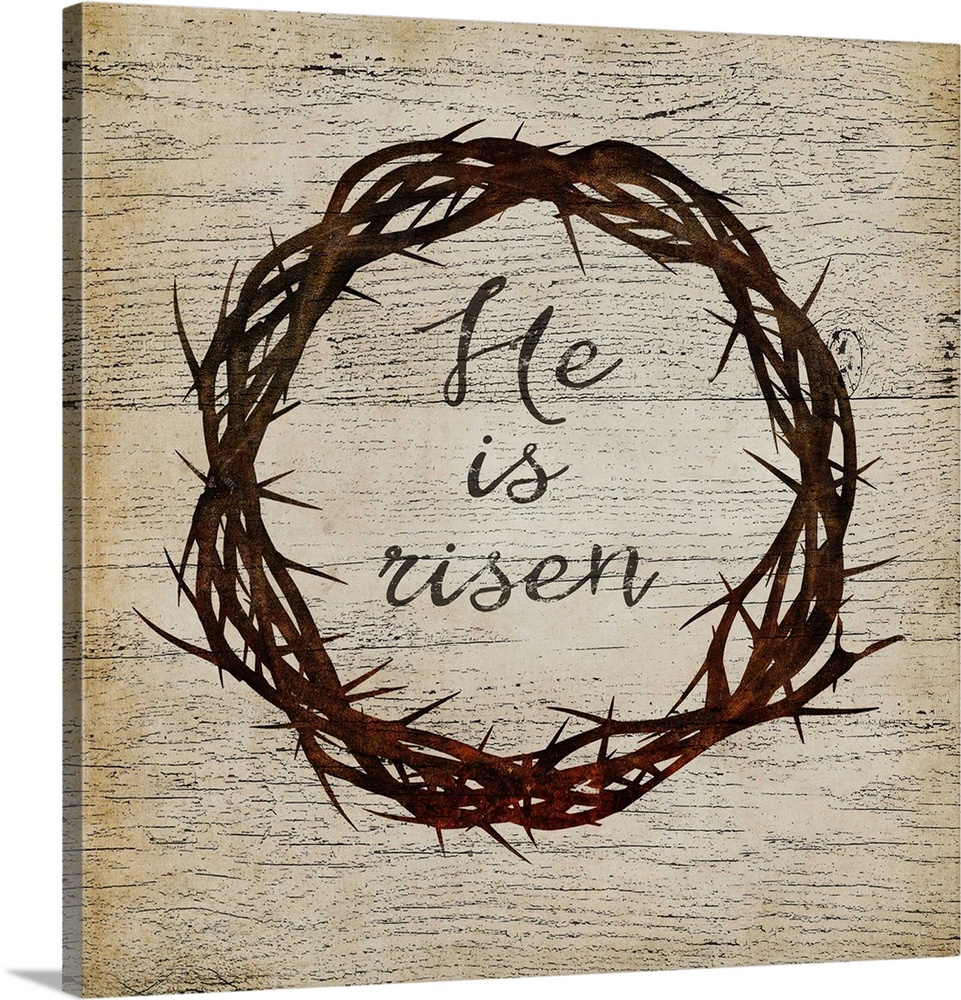 Easter-themed illustration of a crown of thorns with "He Is Risen" inside.