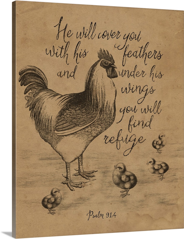 Illustration of a chicken with chicks and an inspirational Bible verse.