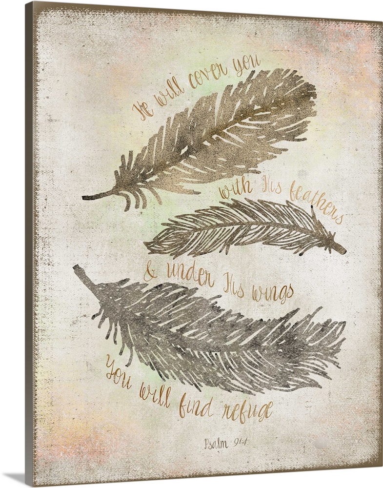 Bible verse written over an illustration of three feathers.