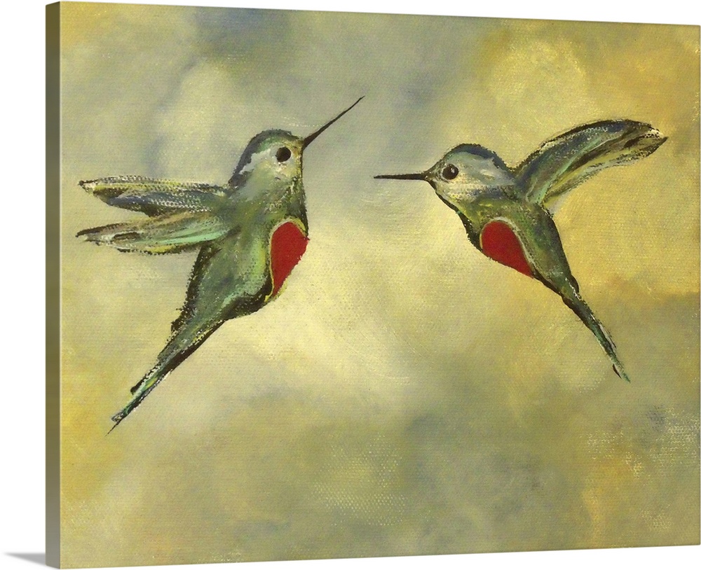 Two hummingbirds with heart shapes on their bellies.