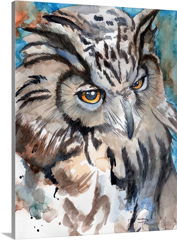 Watercolor portrait of a European Eagle Owl.