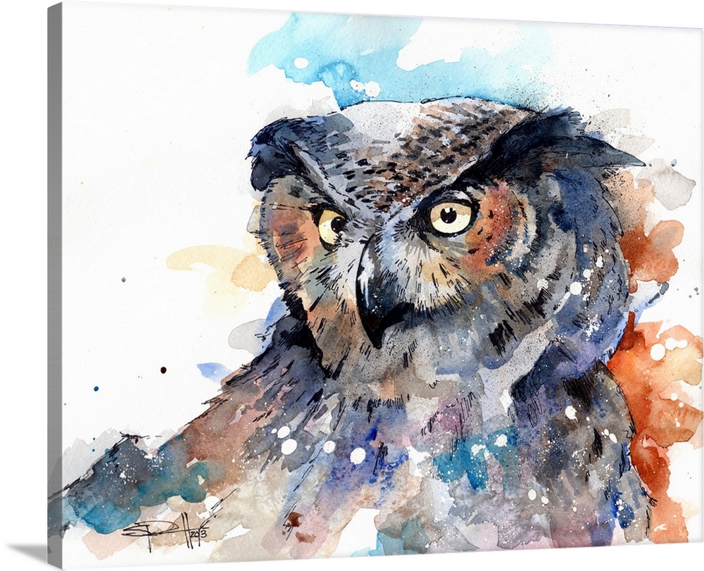 Watercolor portrait of a Great Horned Owl with intense eyes.