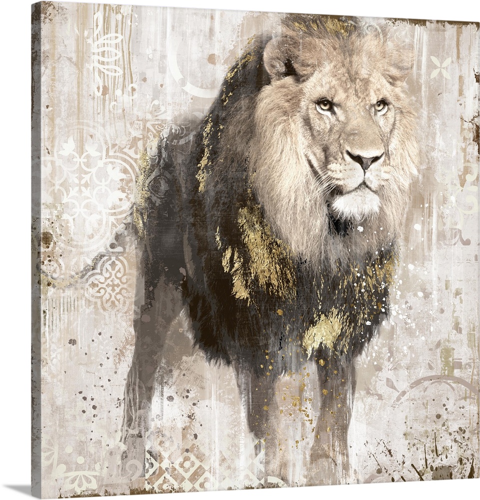 Decorative artwork of a lion with gold accents with a distressed overlay of fine lines and floral designs.