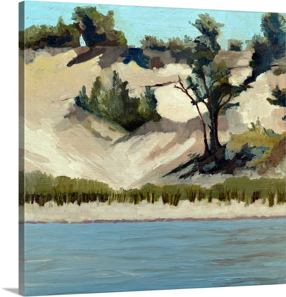 Contemporary painting of a sand dunes on the shore of a lake.