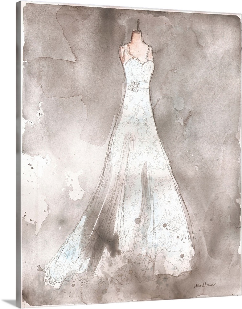 Watercolor painting of a white wedding dress on a dress form.