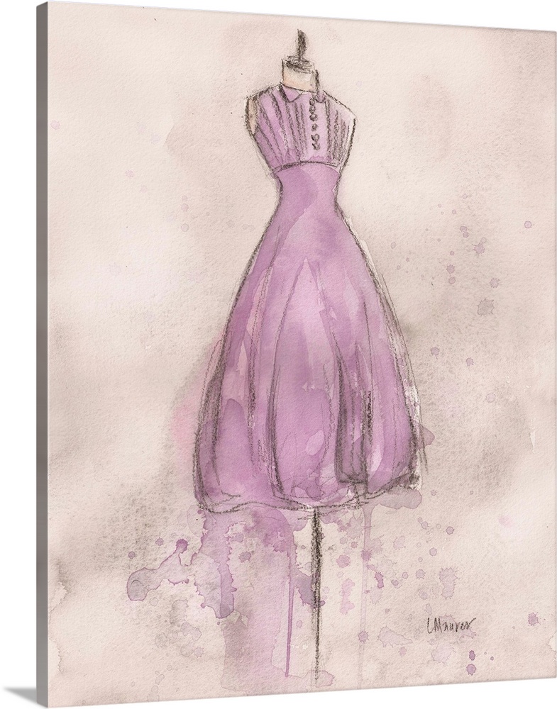 Watercolor painting of a lavender dress on a dress form.