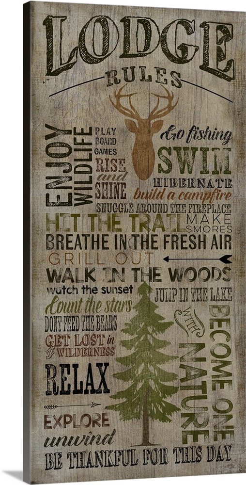 Typography art of cabin rules with a weathered wood effect.