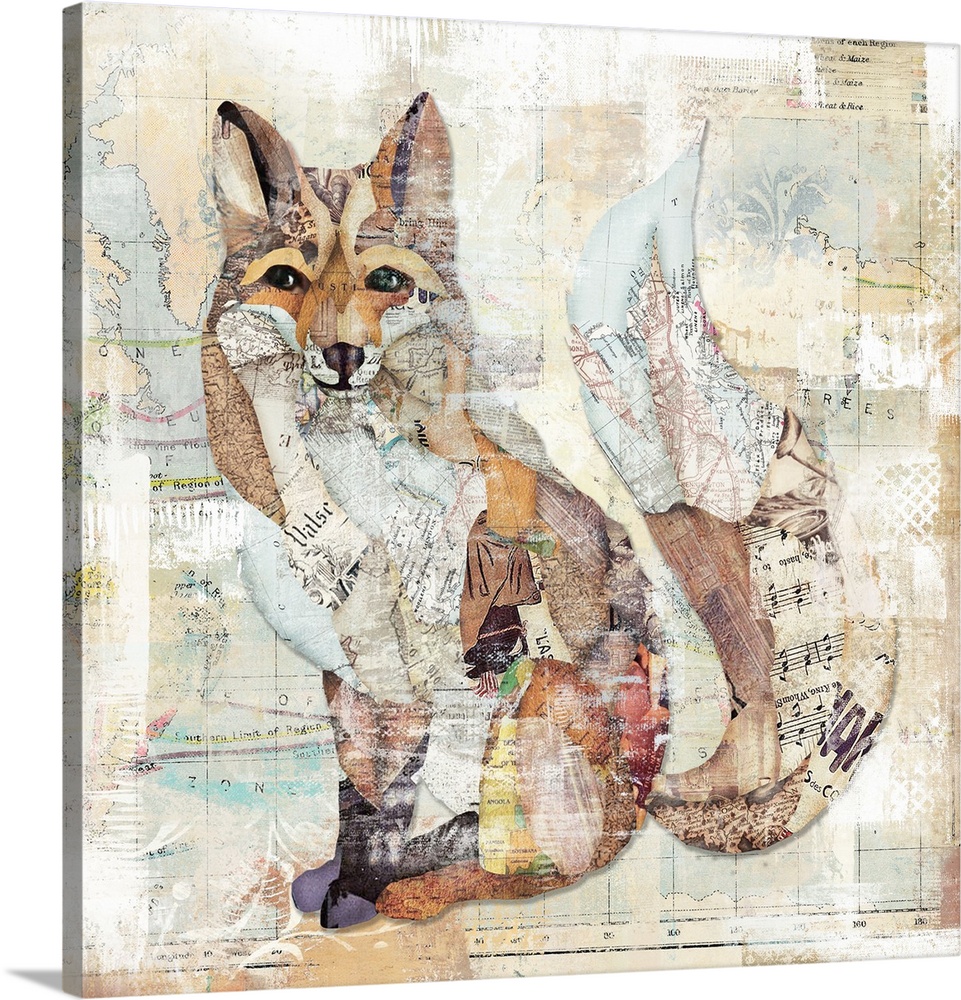 A mixed media painting of a fox with hints of printed text and a faded map background.