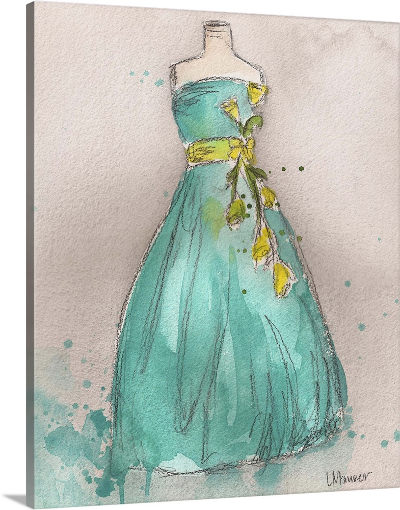 Watercolor painting of a green dress on a dress form.