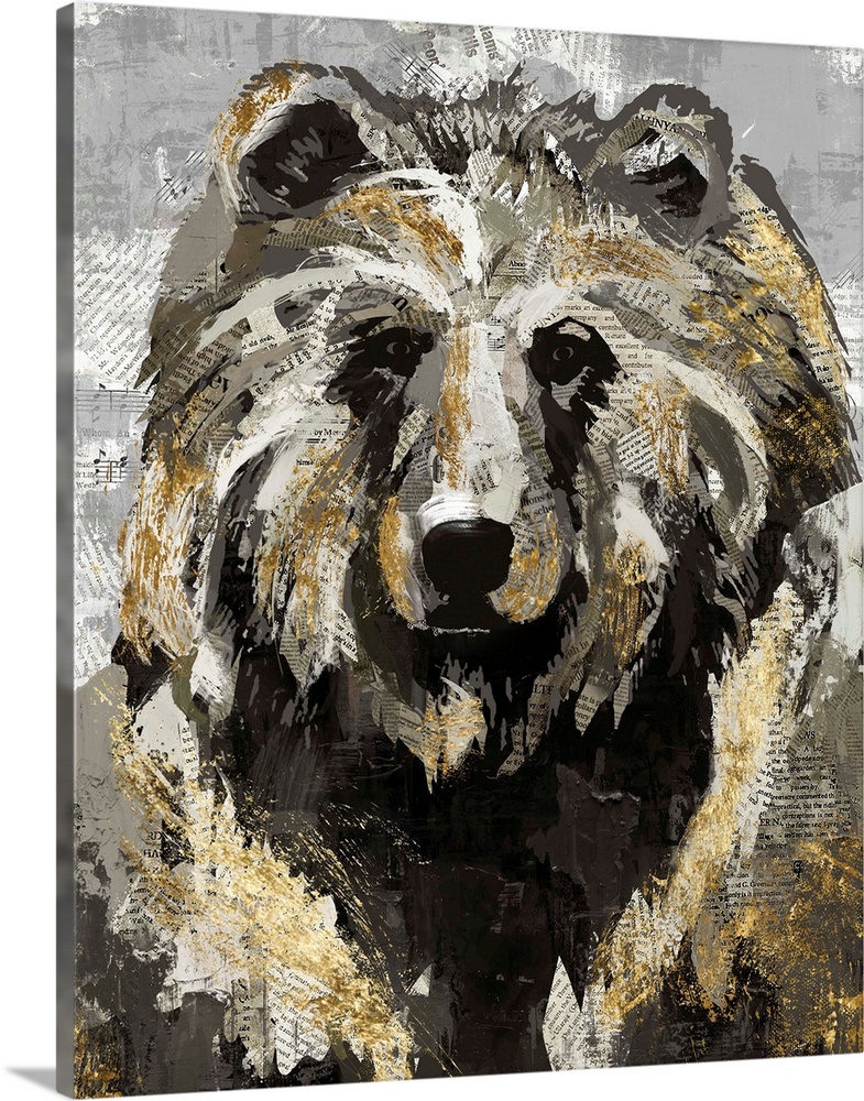 A decorative image of a bear with gold accents on a gray backdrop with faded newspaper peeping throughout.