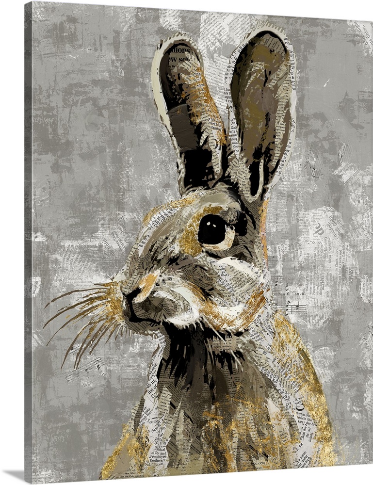 A decorative image of a rabbit with gold accents on a gray backdrop with faded newspaper peeping throughout.