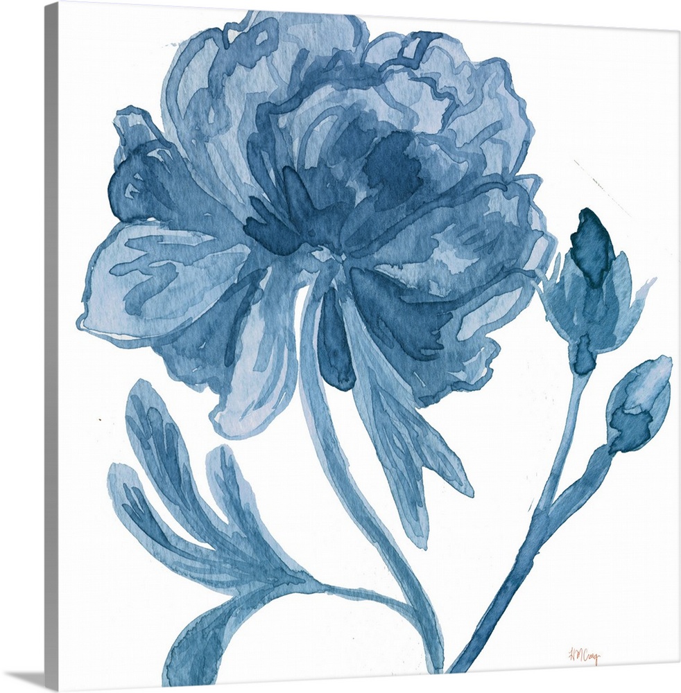 A blooming flower and two small buds in blue tones.